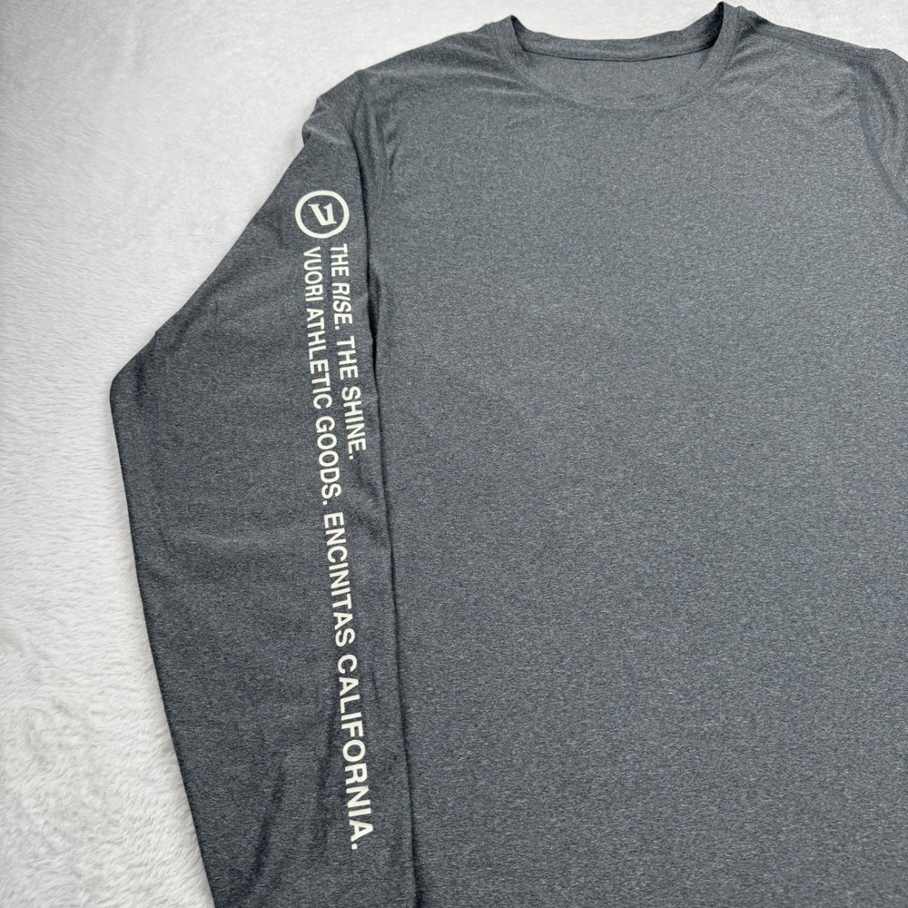 Vuori Long Sleeve Tee Men Large Charcoal Gray Heather Graphic The Rise The Shine